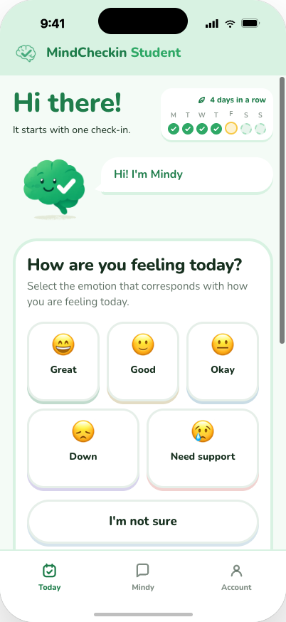 The MindCheckin student check-in screen